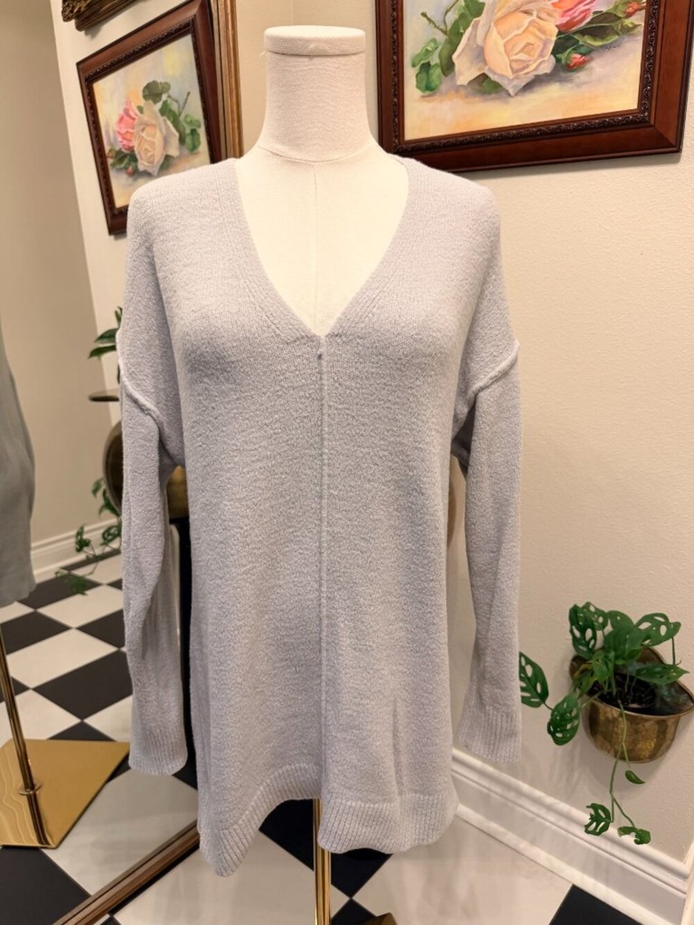Minimalist Stylus Gray V-Neck Sweater Soft Cozy Knit, Fall Layering Medium